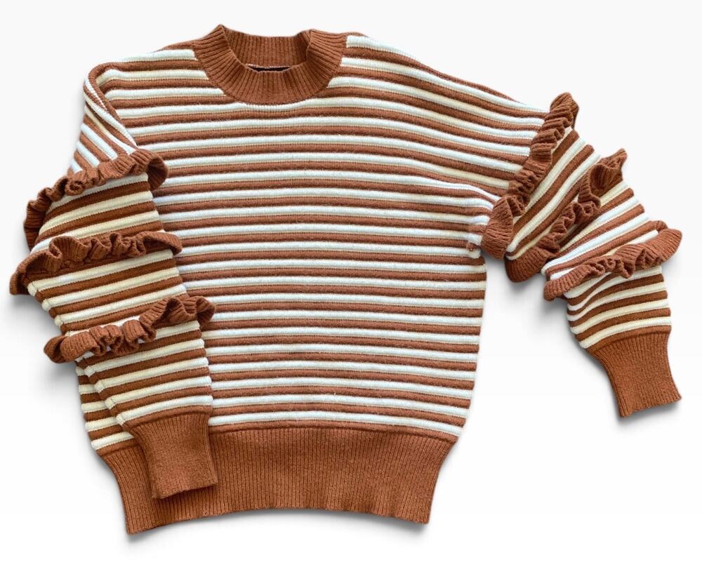 English Factory XS Striped Ruffle Sleeve Sweater Rust Cream Statement Knit